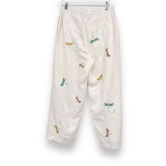 Paraphrase Womens 6 Dragonfly Embroidered Cropped White Lined Linen Pants Boho - Picture 2 of 11